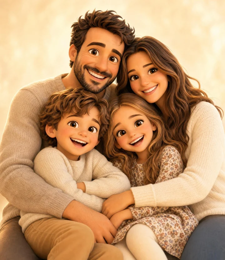 La même famille transformée en personnages 3D